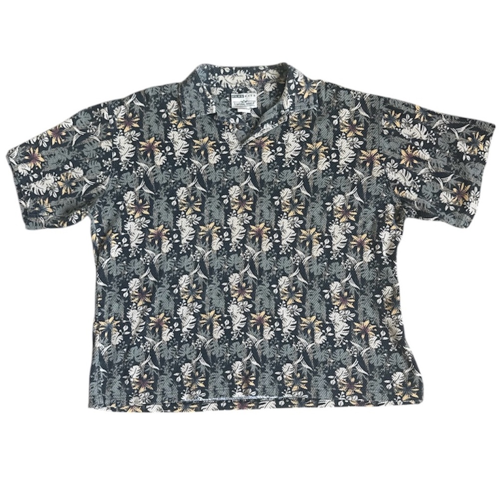 Natural Issue Worn Wash Men’s Hawaiian Floral Polo Shirt Black & Tan. Size XL